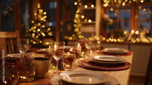 Cozy holiday dining table set for celebration in warm evening light  