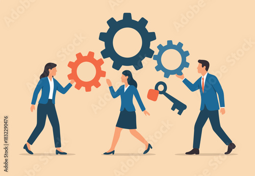 Business organization, people working together or teamwork to help success mission, cooperation or community concept, businessman and woman people holding cogwheels gear to build organization
