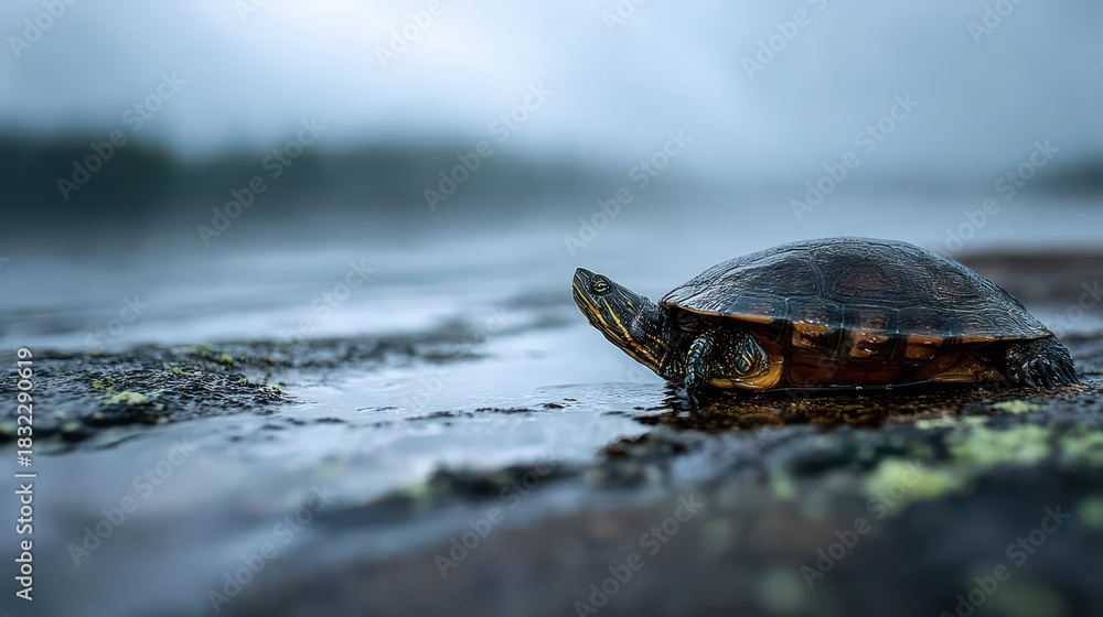 Fototapeta premium Turtle resting on a rocky shore by the water during a cloudy day in a tranquil natural setting