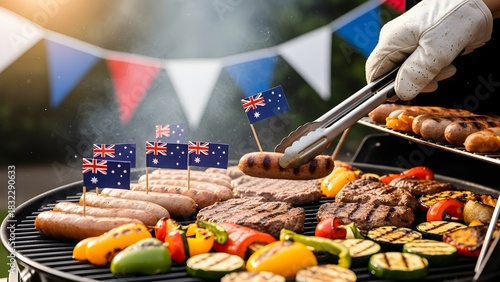 Hand in glove flipping sausage on a sizzling barbecue grill with australian flags and vibrant grilled vegetables, symbolizing national celebration and outdoor summer festivity.