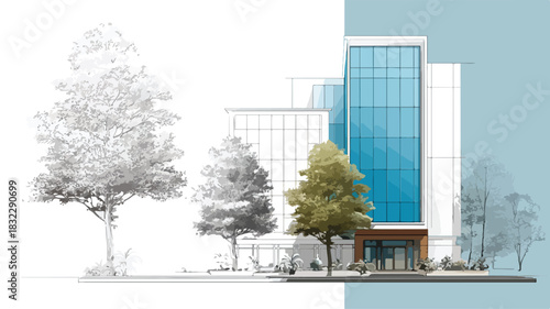 Urban Landscape with Trees and Architectural Drawing of Building