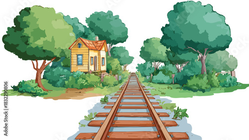 Cartoon Railroad Track with House and Trees Illustration for Creative Projects
