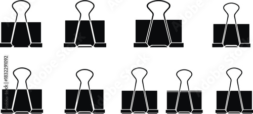 Black Binder Clip Vector Icon Set Silhouette, Office and Stationery Supplies Graphics, Document Paperwork Organization Elements, Isolated Design for Business and Education
