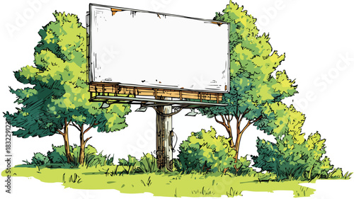 Vibrant Cartoon Billboard with Trees and Grass Vector Illustration