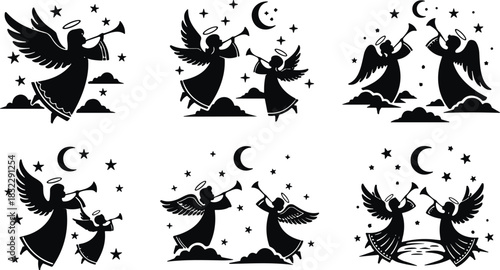 Set of Black Angel Silhouette Vector Icons, Cherubs Blowing Trumpets, Christmas Night Celestial Graphic, Festive Religious Holiday Star Decoration Elements