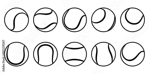 Set of black outline tennis balls with different seam patterns. Tennis ball sport collection. Flat vector illustration isolated on a white background.