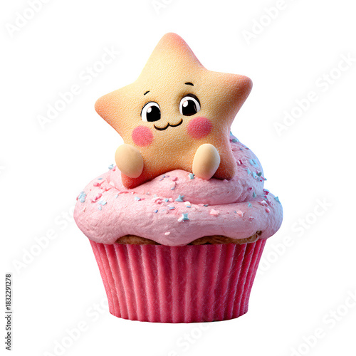 Star character on frosted cupcake 3d rendered isolated on white background