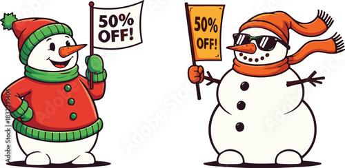 Cute Snowman Characters Vector Set Holding 50% Off Sale Signs, Winter Holiday Discount and Christmas Season Advertising Graphic Illustration, Isolated Design