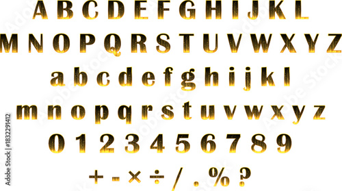 Upper and lowercase letters A-Z including special characters, designed in gold style with shine and sparkle.
