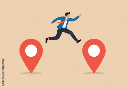 Business relocation, move office to new address or transfer to new location concept, businessman company owner jumping from map navigation pin to new one metaphor of relocation.