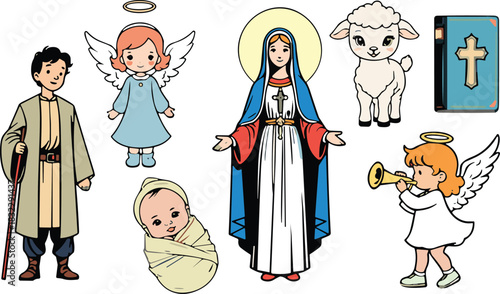 Cute Nativity Scene Vector Character Set, Virgin Mary, Baby Jesus, Shepherd, Lamb, and Angels, Traditional Christian Christmas Story Elements Illustration