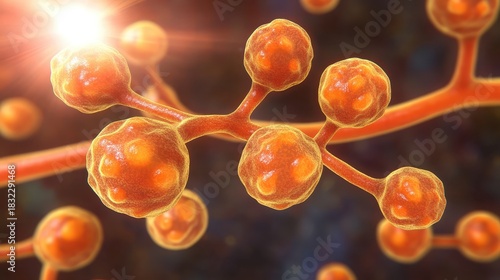 Microscopic view of fungal spores with orange color in detail