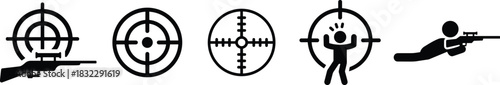 Black Target and Sniper Rifle Vector Icon Set, Military Shooting and Hunting Scope Graphics, Crosshair Focus and Aim Symbol Elements, Isolated Design