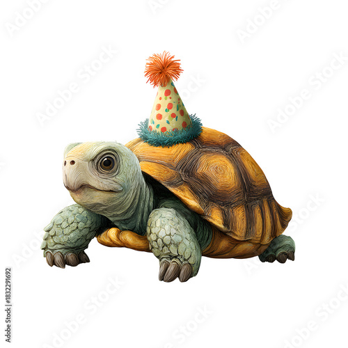 Turtle with party hat isolated on white background