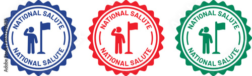 National Salute Sticker Stamp Vector Set, Man Saluting Flag Icon, Patriotism and Respect Symbol Graphics, Military Veteran Memorial Day Emblems, Isolated Badge