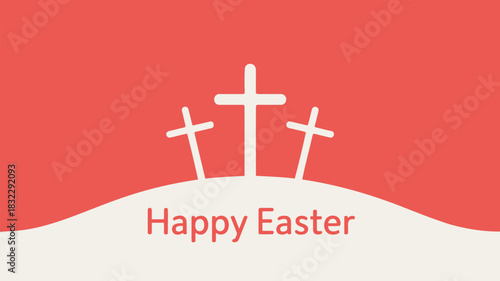 Three white crosses on a red background with happy easter text and a curved wave design