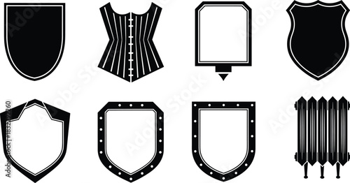 Black Silhouette Vector Set of Shields, Corset, and Radiator Icon Collection, Vintage Protection and Fashion Elements, Victorian Style Graphic Design Assets