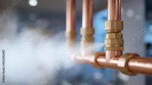Detailed close-up of copper pipe fittings and valves connected to home heating boiler, steam rising softly