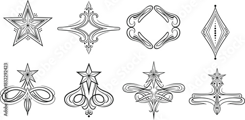 Magical Celestial Decorative Elements, Intricate Line Art Collection, Vector Graphics for Design, Esoteric, Star, Diamond, Swirls, Ornate Abstract Shapes, Symmetry, Tattoo Stencils, Vintage Ornament 