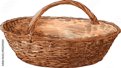 Wicker Basket with Handle Drawing - Professional Illustration for Design Projects