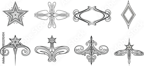 Black and White Art Nouveau Ornaments, Vector Set of Stars, Geometric Shapes, Elegant Swirls, Luxury Frames, Decorative Corners, Vintage Victorian Revival Design