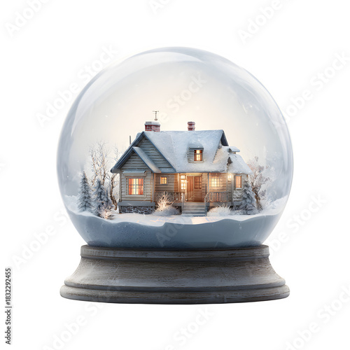 Snow globe with cozy log cabin, winter holiday decoration PNG, isolated glass dome collectible with warm lights