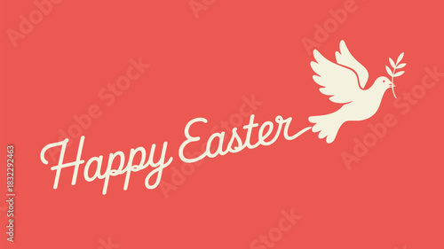 Elegant white dove carrying a green branch in its beak with happy easter text on a coral background
