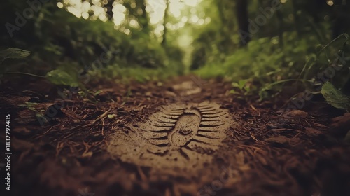 Muddy boot print on a forest trail leading into dense green woods