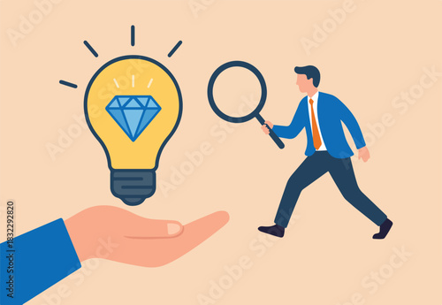 Business value, discover opportunity or benefit from idea, quality measurement or search for brilliant idea worth concept, businessman discover valuable priceless diamond from bright lightbulb idea