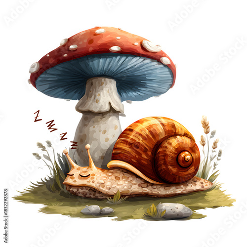 Sleeping Snail by Mushroom isolated on white background