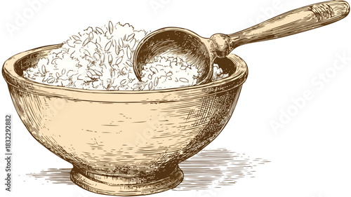 Professional Hand-drawn Bowl of Rice and Wooden Spoon Sketch for Stock Photos