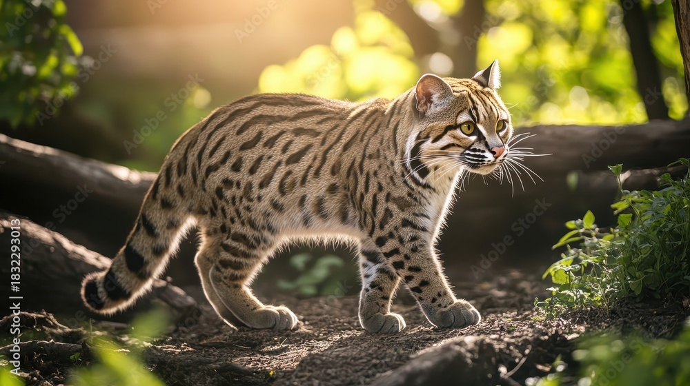 Obraz premium Ocelot walking through forest with beautiful spotted fur