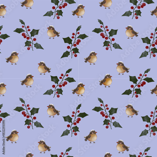 Seamless Christmas background with birds and plants