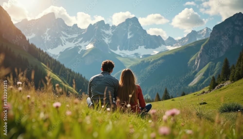 Fototapeta premium Couple enjoys scenic mountain landscape. Man and woman sit on meadow at the alps. People in love travel. Tourists admire the beauty of nature. Scenic view of the European mountains.