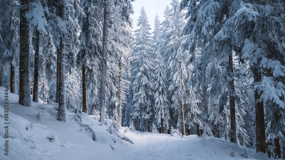 Fototapeta premium Snow-covered fairy-tale coniferous forest