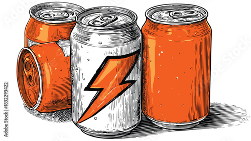 Dynamic Drawing of Lightning Bolt Can with Orange Cans Vector