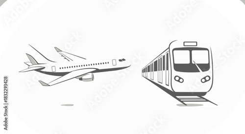 Cartoon-style illustration airplane and train depicting global travel and transportation isolated on white background