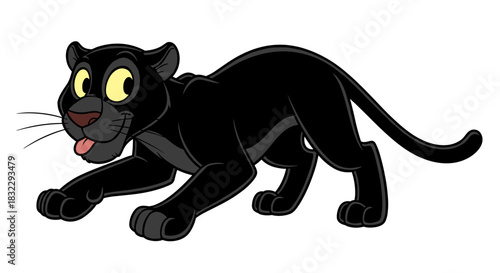 Cute black panther cartoon character playfully crouching ready to spring isolated on white background children's illustration