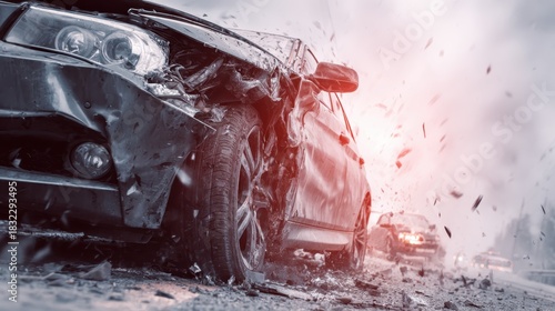 Severe car crash on a snowy road causes significant damage and poses risk to nearby vehicles during winter weather conditions