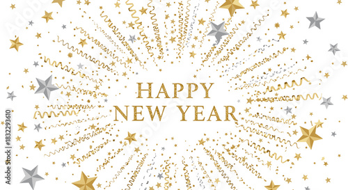Happy New Year festive greeting with sparkling gold and silver stars confetti isolated on clean white background