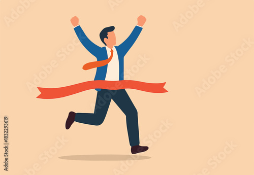 Businessman winning race celebrate victory at finish line, business success or achievement, skill or effort to succeed in work, motivation to win competition concept.