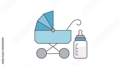 Cartoon-style illustration of a cute blue baby stroller and feeding bottle isolated on white background