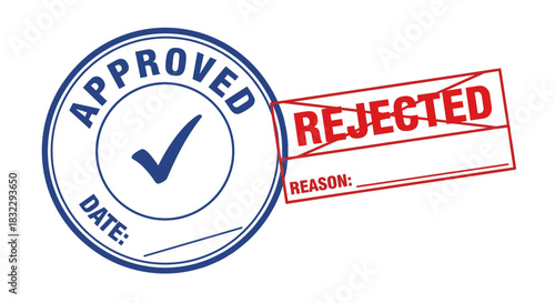 Approved and Rejected stamps graphic representing acceptance refusal for business processes isolated on white background
