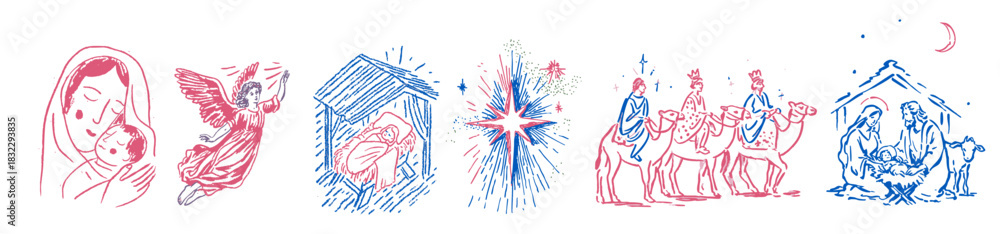 Obraz premium Traditional sketch illustrations of the christian nativity story and religious figures