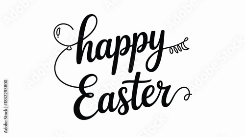 Elegant black script lettering saying happy easter with decorative flourishes and a balloon element