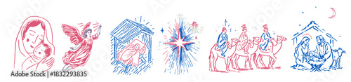 Traditional sketch illustrations of the christian nativity story and religious figures