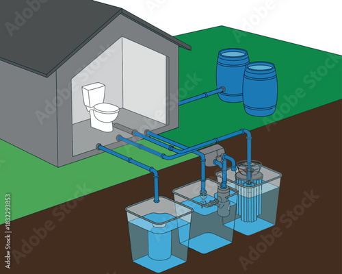A diagram illustrates a residential greywater recycling system for a toilet.
