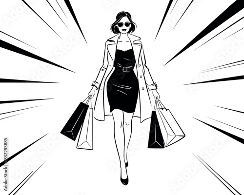 A stylish woman confidently walks with shopping bags, radiating fashion.