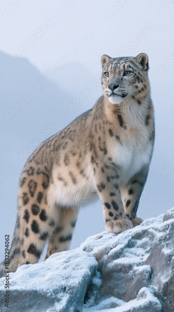 Obraz premium Majestic snow leopard on frosty rock, cold winter environment.