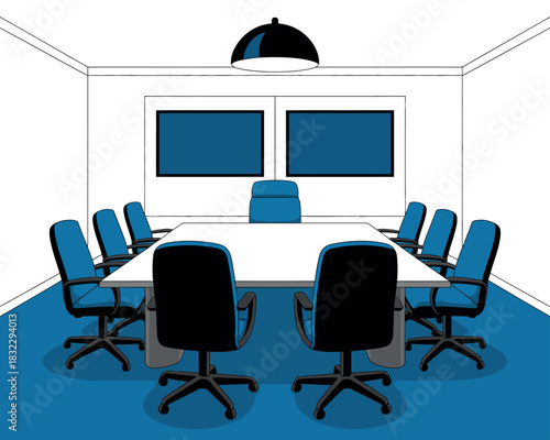A modern conference room is set up with a large table and chairs for business meetings.